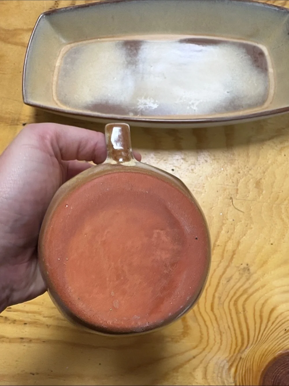 Frankoma tan and brown ceramic gravy set with platter